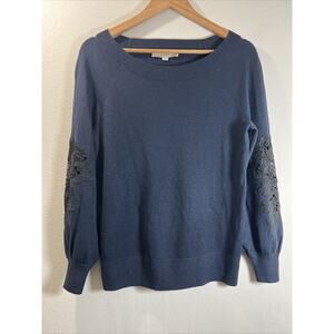 LOFT Ann Taylor Sz Small Lace Sleeve Sweater Women's Navy Long Sleeve Crewneck